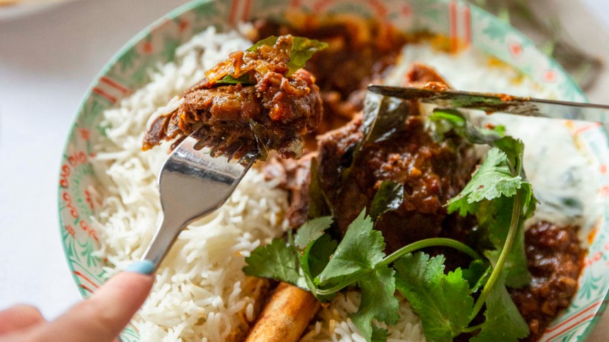 Oven roasted lamb shank curry with green herb yoghurt sauce
&ndash; Peter Bouchier
