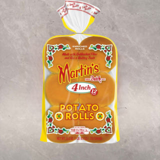 A package of Martin's Dutch 4 Inch Potato Rolls on a textured gray background.
